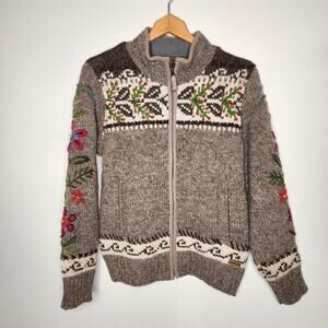 Laundromat Sweater Flower Embroidered Brown Zip Cardigan Jacket Size Medium